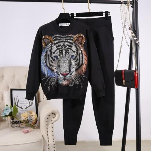 Women Handwork Beading Embroidery Tiger Sweater Pencil Pants Two Piece Outfits Female Loose Black Gray White Casual Knitted Set