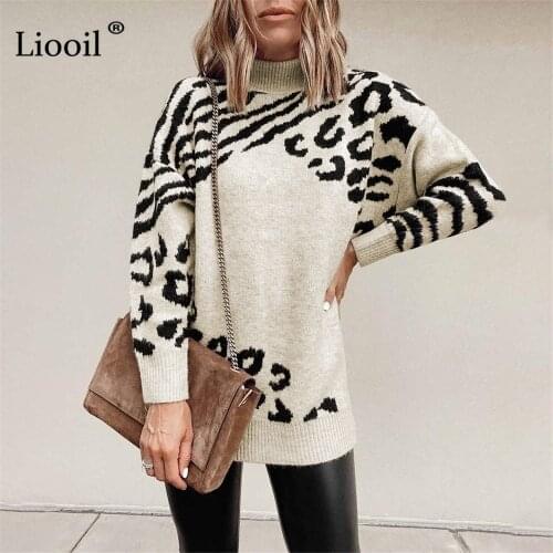 Leopard Print Turtleneck Knitted Sweaters For Women Ladies Long Sleeve Baggy Jumpers Thick Mock Neck Pullovers Autumn Winter