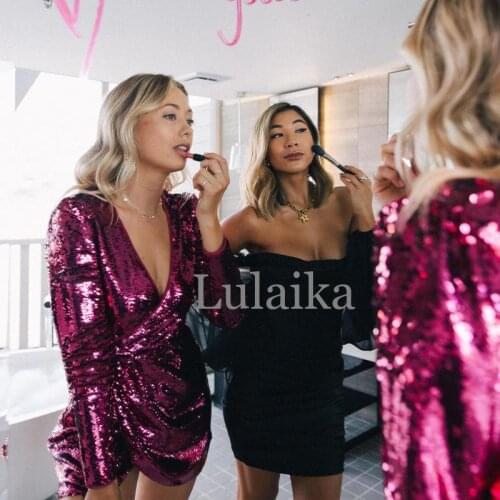 2021 Early Autumn Women Shiny Purple Deep V-Neck Long Sleeve Slim Sequin Glitter Prestigious Evening Dresses Luxury Party Dress