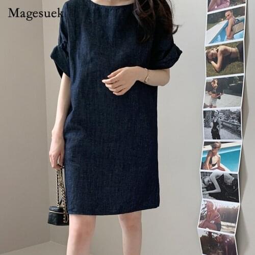 Elegant Korea Style Early Autumn 2021 Women Dress Navy Blue O-neck Cotton Denim Dress for Women Vintage Dress Vestido Robe 15669