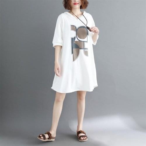 Womens Summer 2021 New Korean Loose Large Size Hooded Clothes Half Sleeve Dresses Female Mid-Length Cotton T-Shirt Dress Pocket