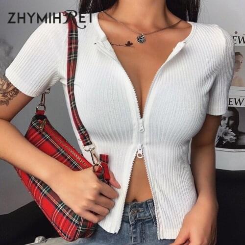 ZHYMIHRET 2020 Summer Cotton Double Zippers T Shirt Women Ribbed O Neck Sexy Split T-shirt Fashion Streetwear Tops