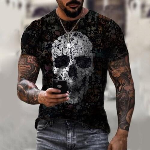 2021 Summer Casual Skulls Print Short Sleeve Mens T-shirt Fashion Black Color O-neck Pullover Oversized Tops