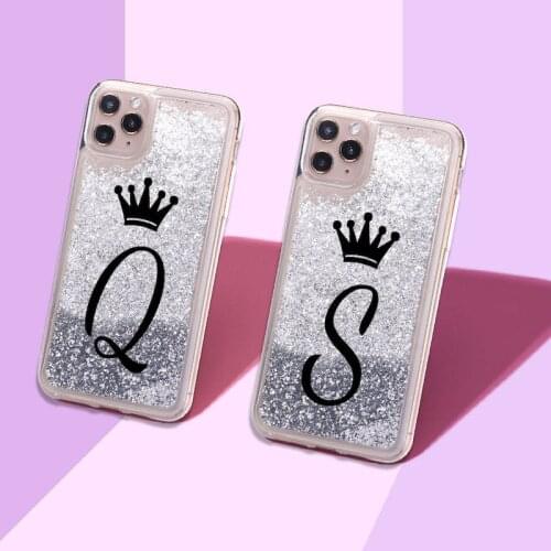 Custom Initials name A to Z Crown Sparkle Liquid Real Glitter Phone Case Cover For iPhone 12 11 X XS XR Max Pro 7 8 8Plus 6