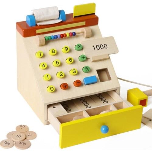Childrens Wooden Simulation Cash Register Play House Baby Supermarket Cash Register Math Cognitive Educational Toys For Kids