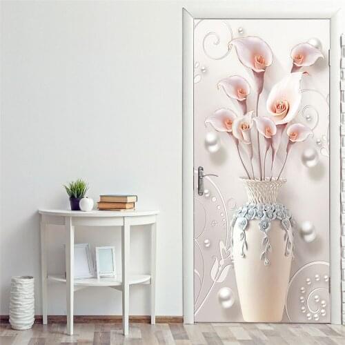 Home Decoration Door Stickers Pearl White 3D Visual Sense Pink Flowers Bedroom Living Room Bathroom Self-Adhesive Flowers Decals
