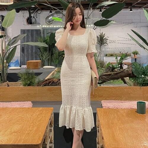 JSXDHK 2021 Summer Women Square Collar Lace Dresses Elegant Chic Short Sleeve Hollow Out Ruffles Slim Bodycon Mermaid Midi Dress