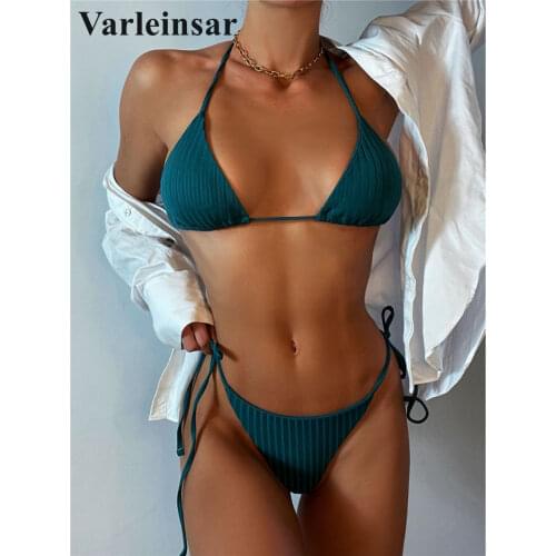 New Sexy Ribbed Halter Thong Bikini Female Swimsuit Women Swimwear Two-pieces Bikini set Padded Bather Bathing Suit Swim V2971