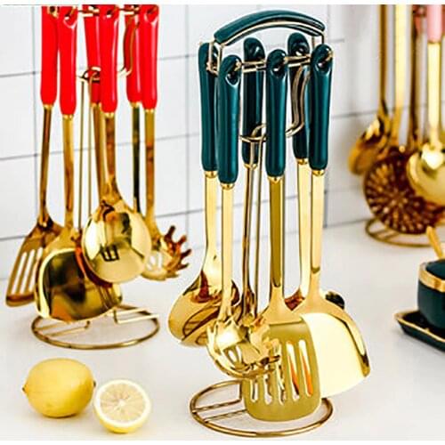 Ceramic Handle Gold Stainless Steel kitchenware Emerald Spoon Colorful Kitchen Utensils Optional Cooking Cutlery Rack 7pcs/set