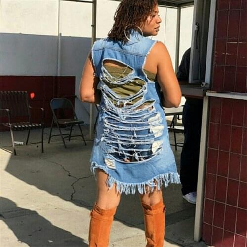 Thorn Tree Fashion Sexy Holes Denim Jackets Ladies Sleeveless Ripped Destroyed Loose Long Jackets Coats Outwear Women Plus Size