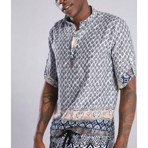 Mens Stand-up Collar Ethnic Printed Cardigan Half Sleeved Shirt Summer Casual Premium Quick-drying Printed Shirt Mens Shirt