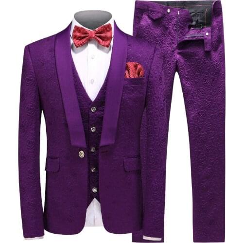 Mens Suits Ivory 2019 Three Pieces jacquard Groom Tuxedos Shawl Lapel Men Suits Foe Wedding Stage costume (Blazer+Vest+Pants)