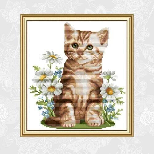 Joy Sunday Embroidery Needlework Set, Cat and Flowers Handmade Crafts Home Decor, Count Print On Canvas Cross Stitch kits