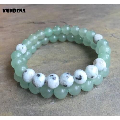 8mm Set of 2 Beads Bracelets Green Stone Sesame Jaspers Bracelet Natural Stone Bracelet Elastic Stretchy Bracelets Yoga Mala