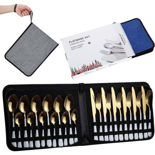 24pcs Portable Dinnerware Set Stainless Steel Tableware Set Knife Fork Spoon Gold Cutlery Set Gift Box Flatware Dishwasher Safe