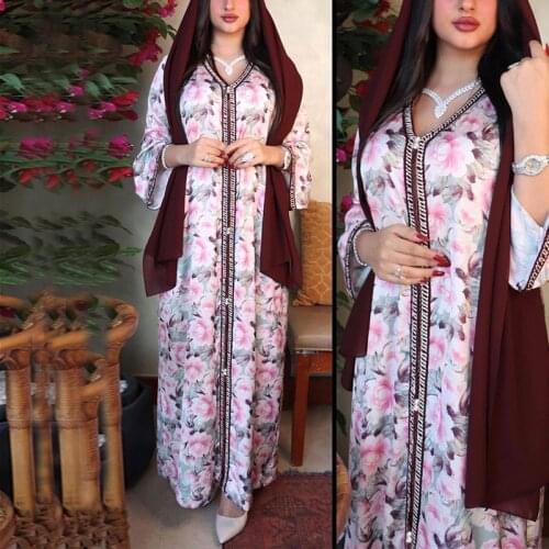 2021 New Women Islamic Clothing Arabian Printed Lace Robe Skirt Turkey Big Girl Robes Plus Size Abaya Muslim Party Dress Dubai