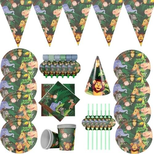 New Arrival Cartoon Jungle Animal Supply Tableware Happy Birthday Party Decoration Forest Theme Party Supplies Paper Cup Plates