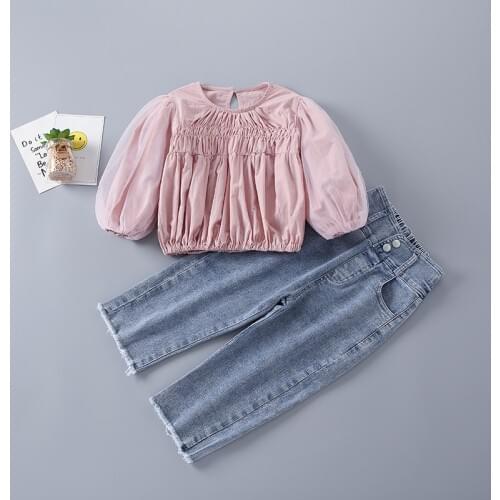 2-7 Years High Quality Spring Girl Clothing Set 2021 New Fashion Casual Cute Solid Shirt + Jeans Kid Children Girls Clothing