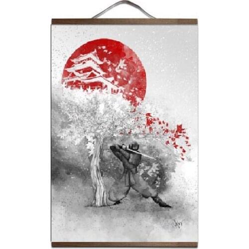 Samurai Japan Art Print canvas Poster Canvas Scroll Painting with wood