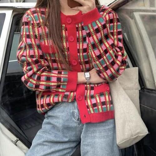 Chic Plaid Single Breasted O Neck Cardigans Autumn Winter Casual Knitting Outwear Top Ladies Knitting Sweater Cardigan