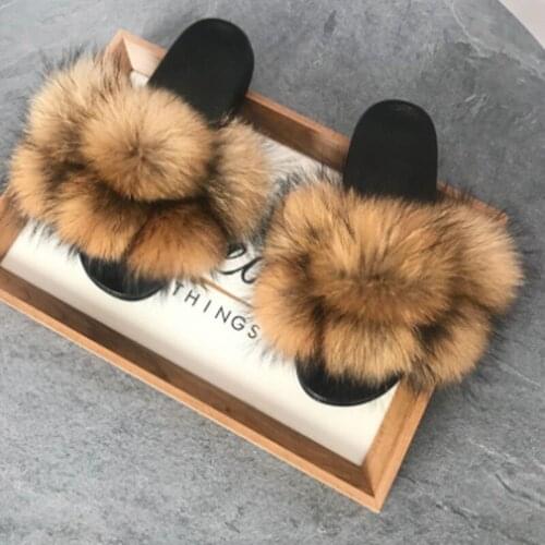Ladies Sandals New Fur Ball Fluffy Slides Women Summer Shoes Fashion Fox Fur Slides Plush Slides Hair Ball Slipper Beach Shoes