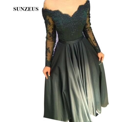 Dark Green Bridesmaid Dress With Long Sleeves Off Shoulder A-line Wedding Party Gowns Satin Beaded Appliques Long Robe
