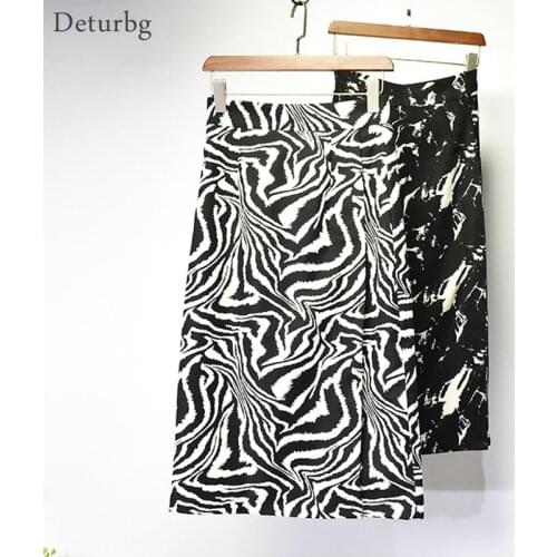 Womens Elegant Stripe Print Midi Skirt Korean Female High Waist Side Zipper Black White Split Straight Skirts 2021 Spring Sk693