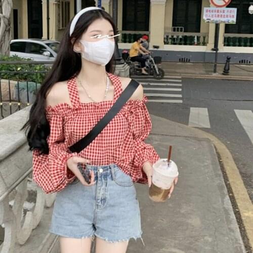 Summer Long Sleeve Women Shirts Blouses Slash Neck Halter Off Shoulder Plaid Crop Top Sweet Japan Style Female Clothing New