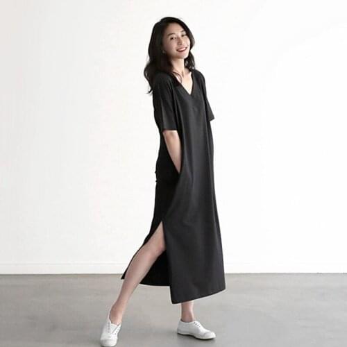 Korean Fashion Black V-Neck Loose Woman Dress Casual Clothing Modal Long Split dresses for women 2021 Summer New Arrival