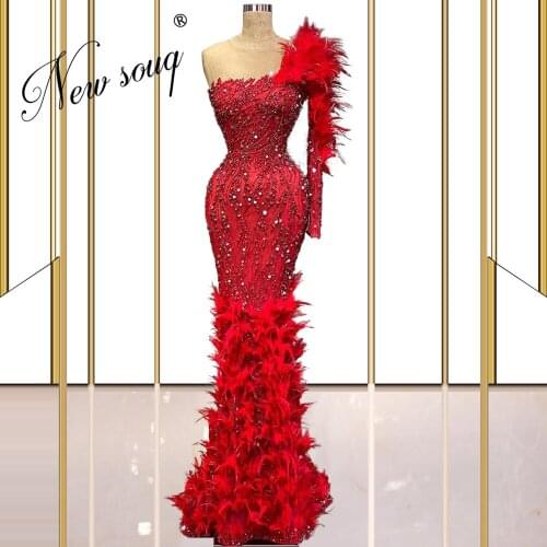 New One Shoulder Feathers Beading Evening Dresses Robes Dubai Prom Dress With Mermaid Crystal Party Night 2021 Vestido De Festa