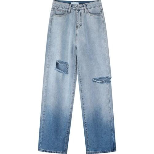 2021 Autumn Women Ripped Jeans High Waist Vintage Streetwear Baggy Straight Denim Trouser Mom Blue Korean Fashion Denim Pants