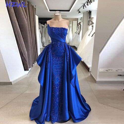 Arabic Royal Blue Prom Dresses 2021 Sexy Strapless Shinning Beaded Evening Gowns Satin Sweep Train Robe De Soiree Custom Made