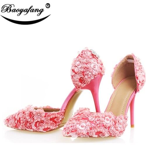 BaoYaFang New Womens Wedding shoes Pink Lace fashion Sandals shoes woman Sandals women Summer sandals 9cm Thin heel shoe