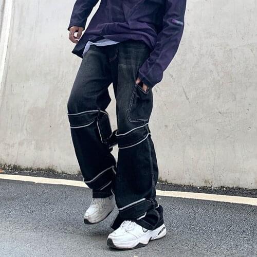 High Street Streamer Jeans Mens Straight Retro Loose Wide Leg Denim Pants Oversize Ribbons Hip Hop Baggy Casual Cargo Pants