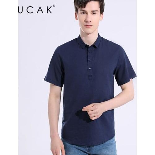 UCAK Brand Classic Turn-down Collar Short Sleeve Cotton Linen T Shirt Summer New Streetwear Solid Color TShirt Men Homme U5645