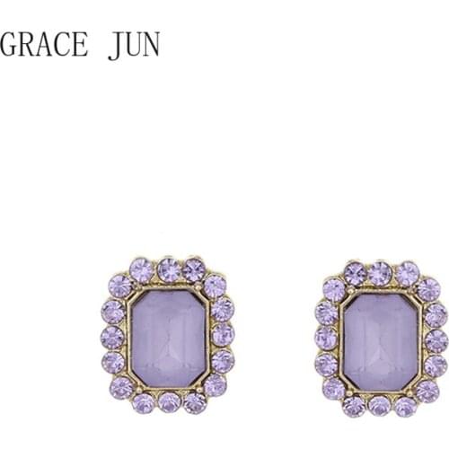 GRACE JUN Purple Rhinestone Clip on Earrings Fashion Jewelry Fake Piercing Korean Style Gold Color No Pierced Earrings Ear Clip