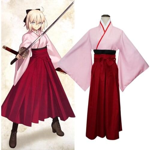 Anime Fate/Grand Order Saber Okita Souji Cosplay Costume Pink Kimono Suit Halleoween Carnival Party Outfit Wig For Women