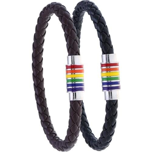 Black Brown Genuine Braided Leather Bracelet Women Men Gay Pride Rainbow Friendship Magnetic Charms Bracelet Gift
