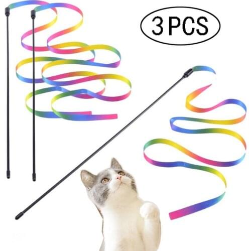 3pcs Cat Sticks Double-sided Colorful Rainbow Ribbon Funny Cat Stick Toys for Pet Cat Interactive Stick Teaser Toys Supplies