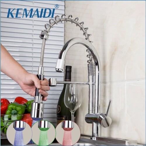 KEMAIDI New Design Swivel Pull Down Spray Kitchen Faucet Sink Mixer Tap Chrome Brass LED Kitchen Sink Faucets 8525-1D