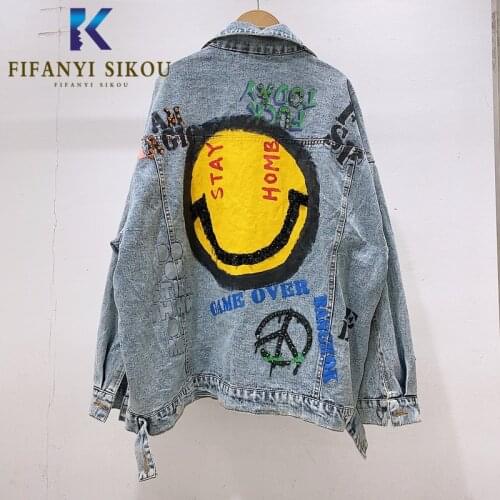 Sequins Denim Jacket Women Streetwear Fashion Lapel Long sleeves Print Jeans Jacket Womens Harajuku Loose Jeans Coat 2020 New