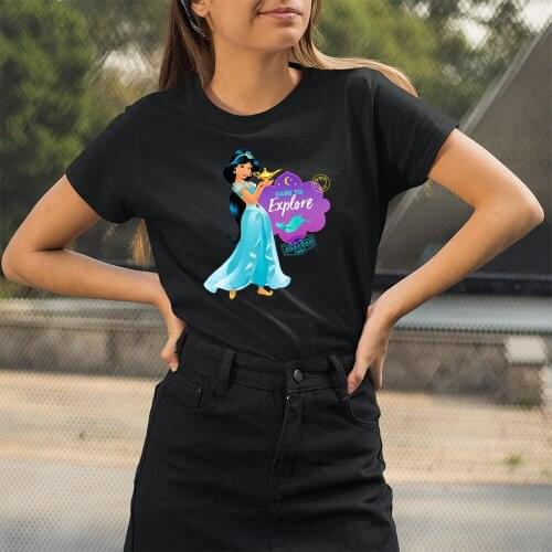 Women T-shirts Kawaii Casual Disney Cartoon Pattern Tshirts Harajuku Black White Tees Korean Style Top T Shirt Princess Jasmine