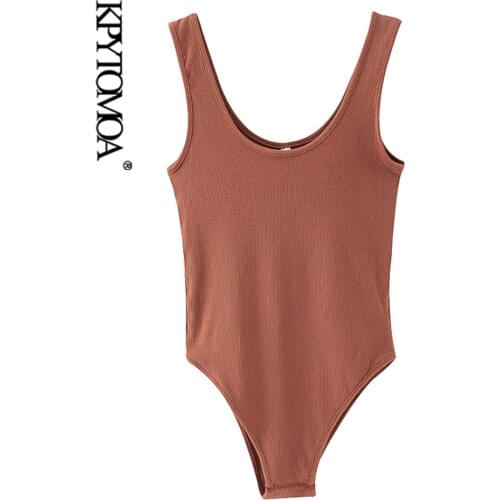 KPYTOMOA Women 2020 Sexy Fashion Solid Stretch Slim Bodysuits Vintage O Neck Sleeveless Female Playsuits Chic Tops