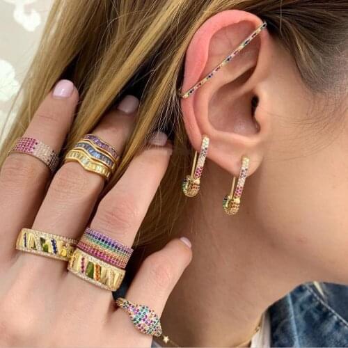 Valentines Day Wide chunky band cz ring for women minimal delicate rainbow color trendy gold color fashion luxury jewelry