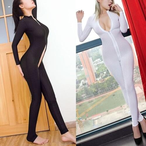 Women Lingerie Crotchless Bodysuit Long Sleeve Zipper Jumpsuit Nightwear Catsuit