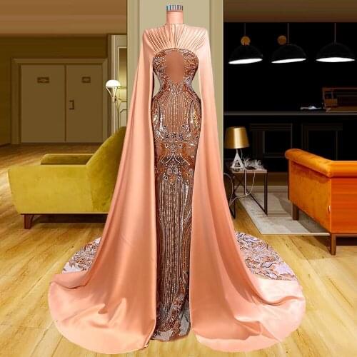 Queen Cape Dress Women Celebrity Dresses Orange Casual Sleeve Evening Party Beaded Net Evening Gowns for Women