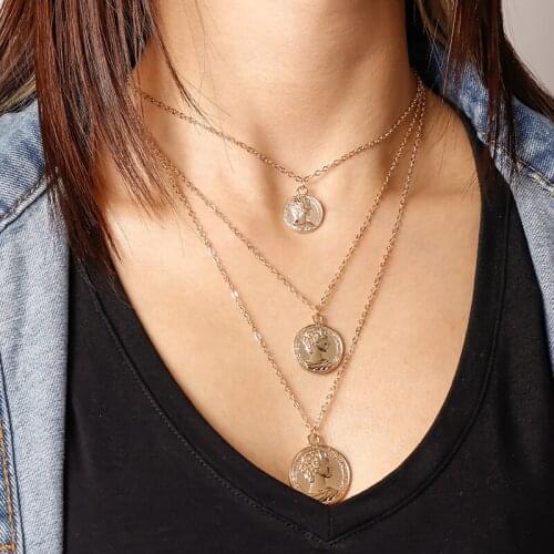 Vintage Gold Silvr Color Coin Portrait Choker Necklace for Women Multilayer Chain Ncklaces Pendants Female Jewelry Accessories