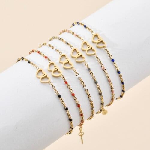 ZMZY 6pcs/set lots Wholesale Fashion Heart Double Bracelet & Anklet For Women Adjustable Stainless Steel Chain Bracelets Jewelry
