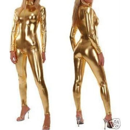 Adult Gold Sexy unisex Shiny Metallic Leotard Spandex Zentai Costume Suit Front Zipper