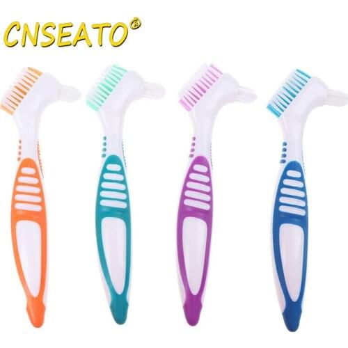 CNSEATO 1 Pc Denture Cleaning Brush Toothbrush Denture Boxes Double Sided Brush Soft for False Teeth Cleaning 4 Color